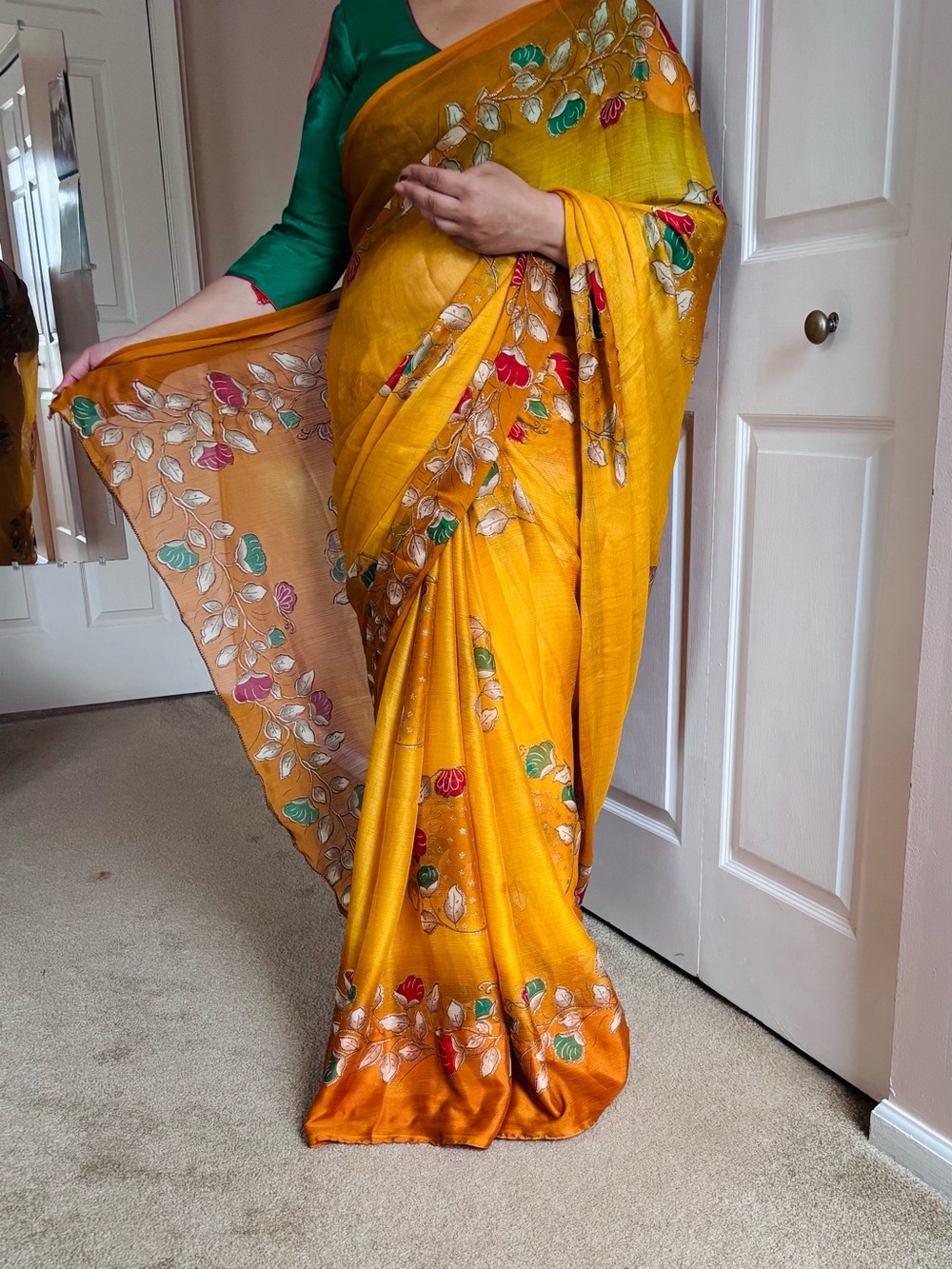 Mustard Yellow Saree with Multicolor Floral Embroidery with green blouse